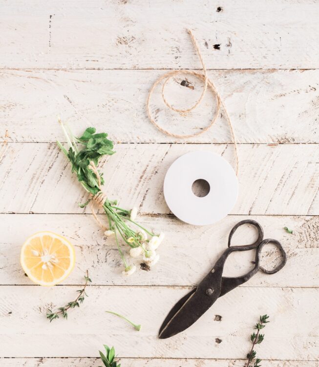 tailoring shears next to spool of brown rope